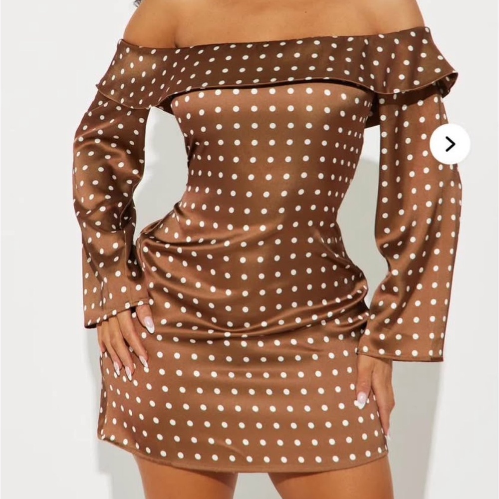 Elegant Brown Polka Dot Off-Shoulder Dress